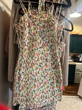 Promesa White Mini Dress with Orange & Yellow Floral Print 26” long